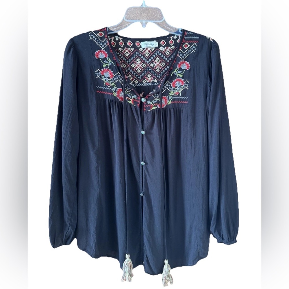 Tasha Polizzi Black Floral Embroidered Peasant Top with Tassel Ties Size Small